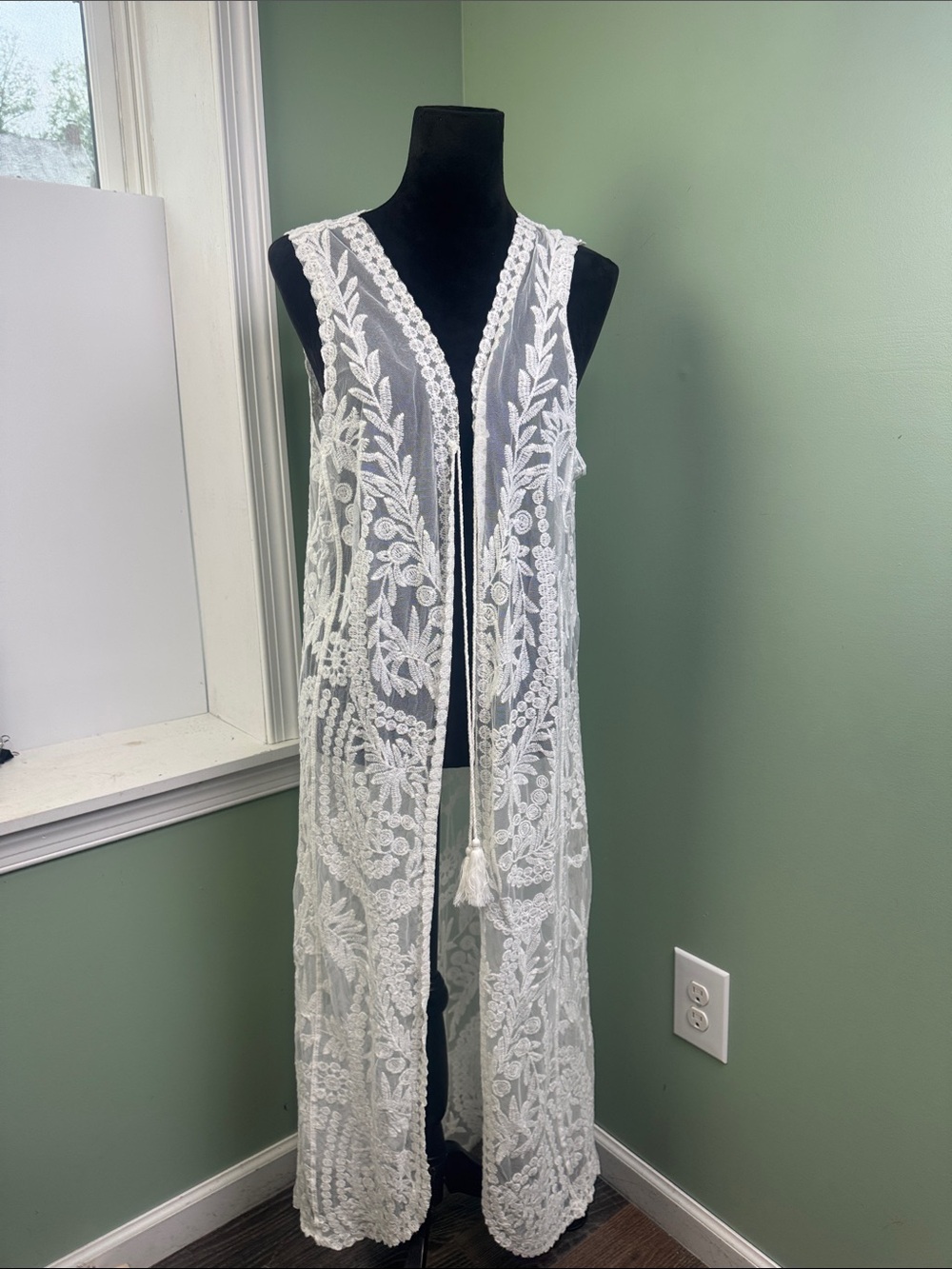 Off White Lace Embroidered Long Vest